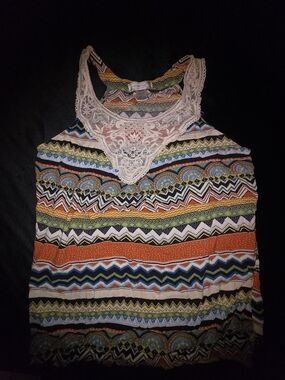Lace-Trim Multicolor Chevron & Geometric Tank Top